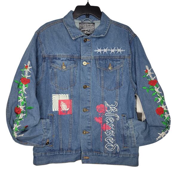 Brooklyn Cloth Blessed Embroidered Painted Denim Jacket Catholic Pray NEW Large - Picture 1 of 8